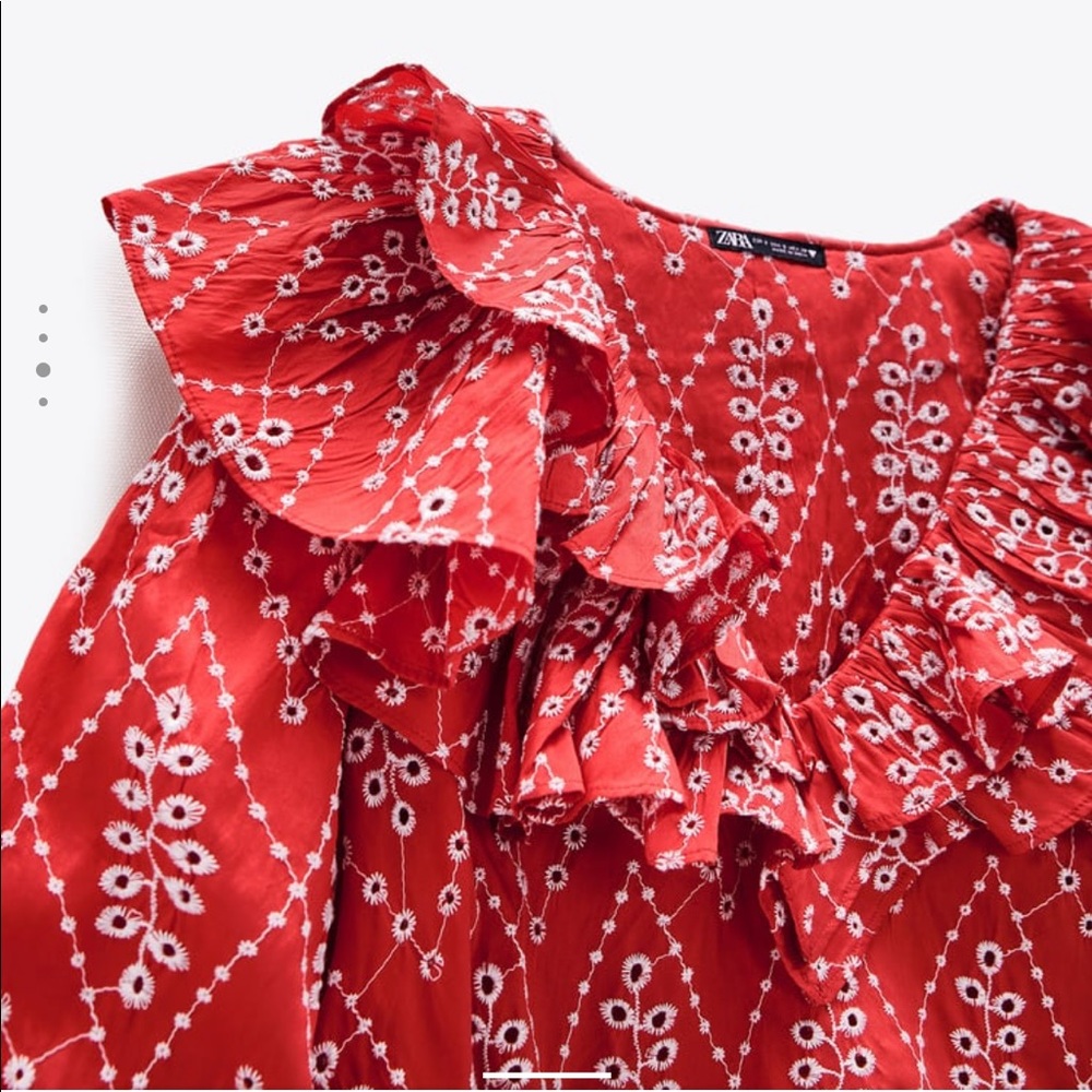 NWT Zara Openwork Embroidered Ruffle Top Red - Picture 7 of 8
